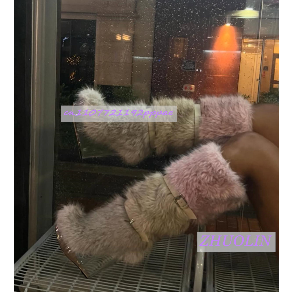 Women'S Fashion Leather Boots - Winter Gradient Furry Transparent Wedge Boots