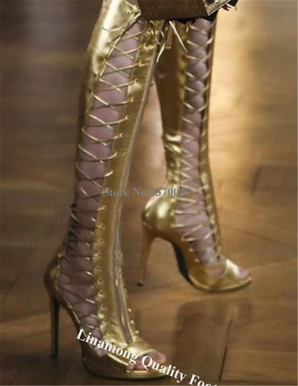 Women'S Fashion Leather Boots - Linamong Gold Leather Thin Heel Knee