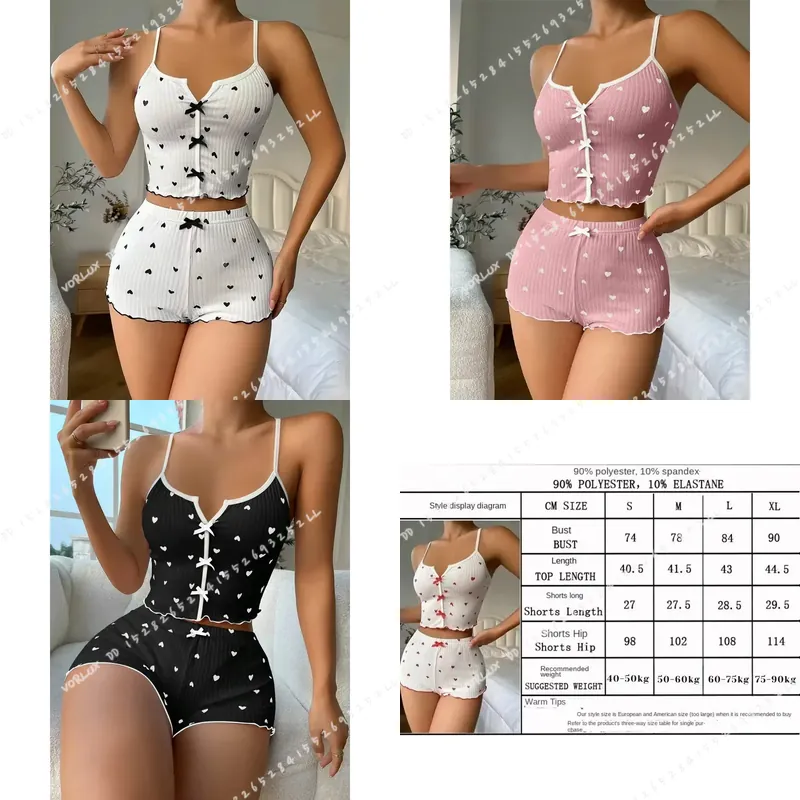 V Neck Cami Top - Women Heart Print Pajama Set Silk