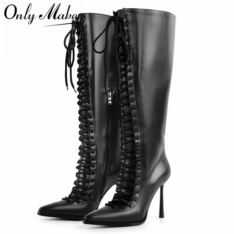 Women'S Fashion Leather Boots - Onlymaker Pointed Toe Lace Up Faux